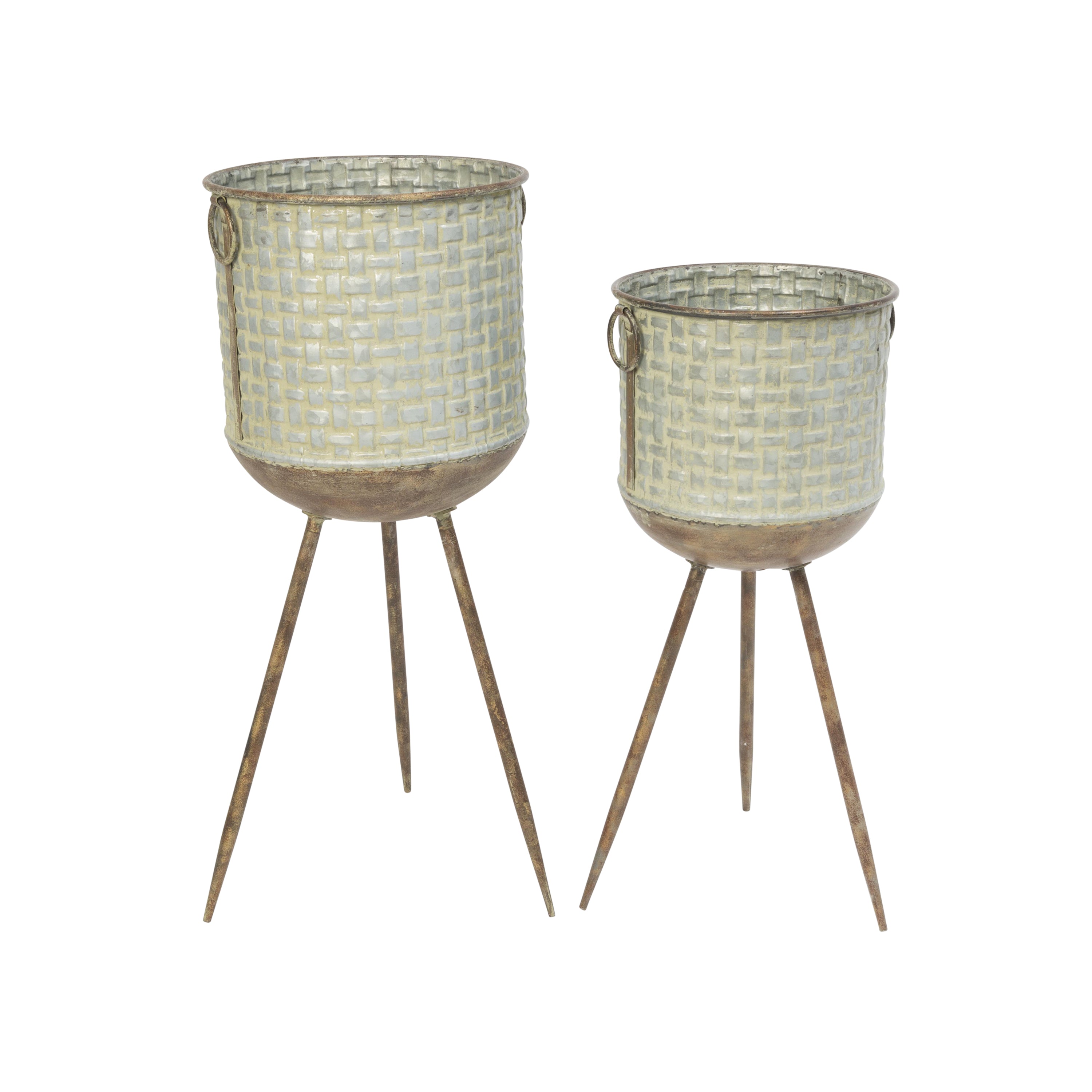 Set of 2 Round Galvanized Planters with Embossed Weave Pattern and Stand 2522380EC